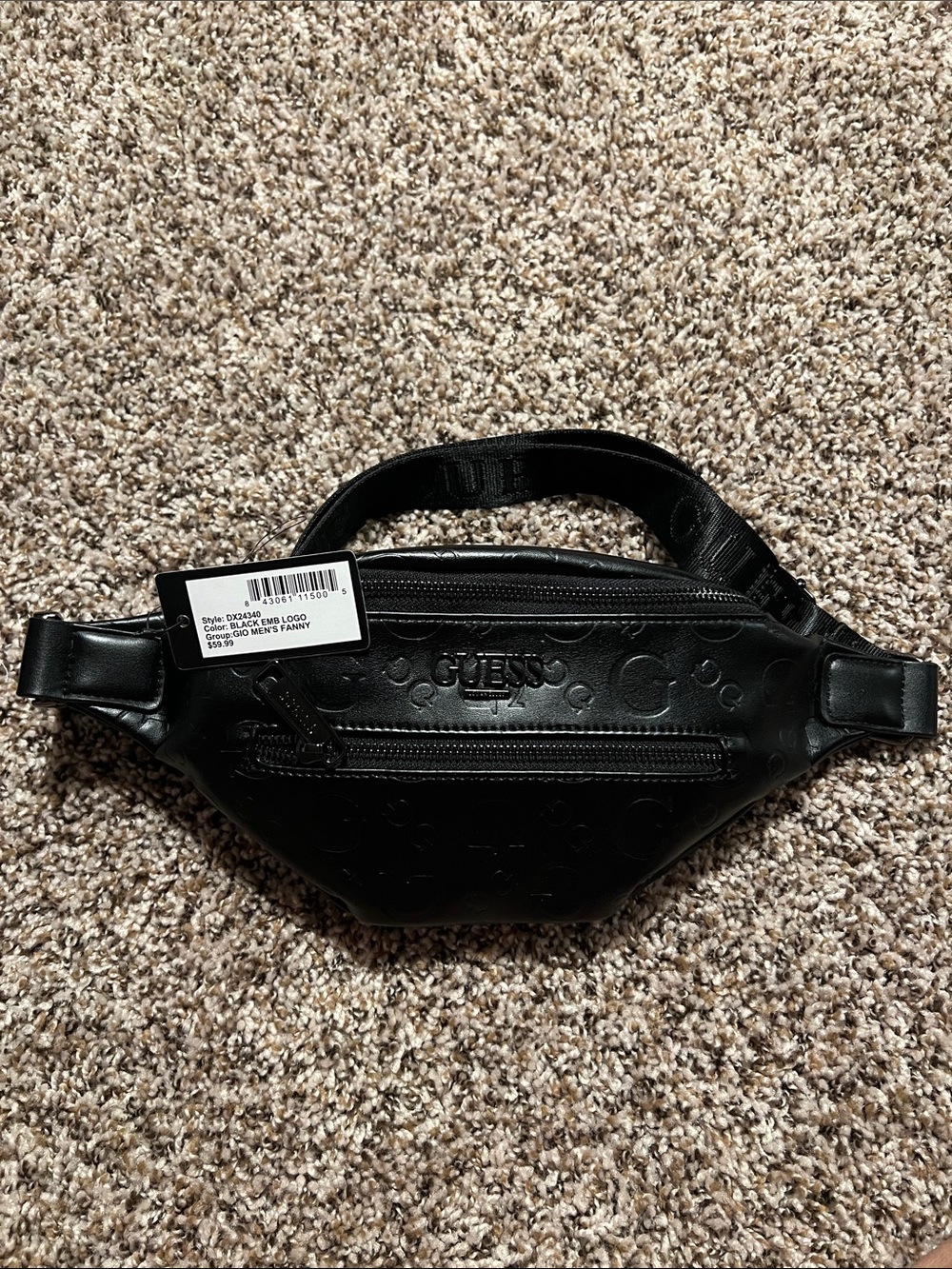 Guess - Black Embossed Leather Belt Bag with Front Zip Pocket